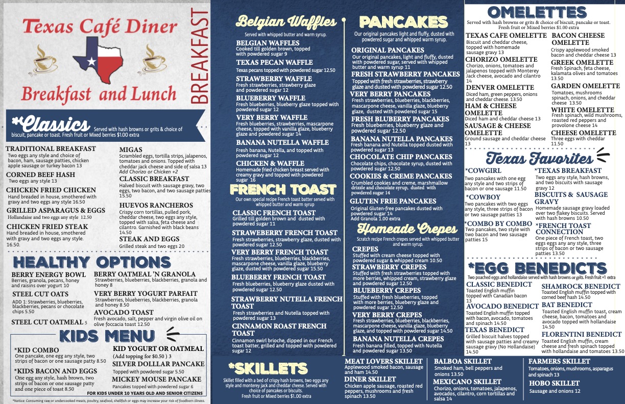 Texas Cafe Diner Breakfast Menu