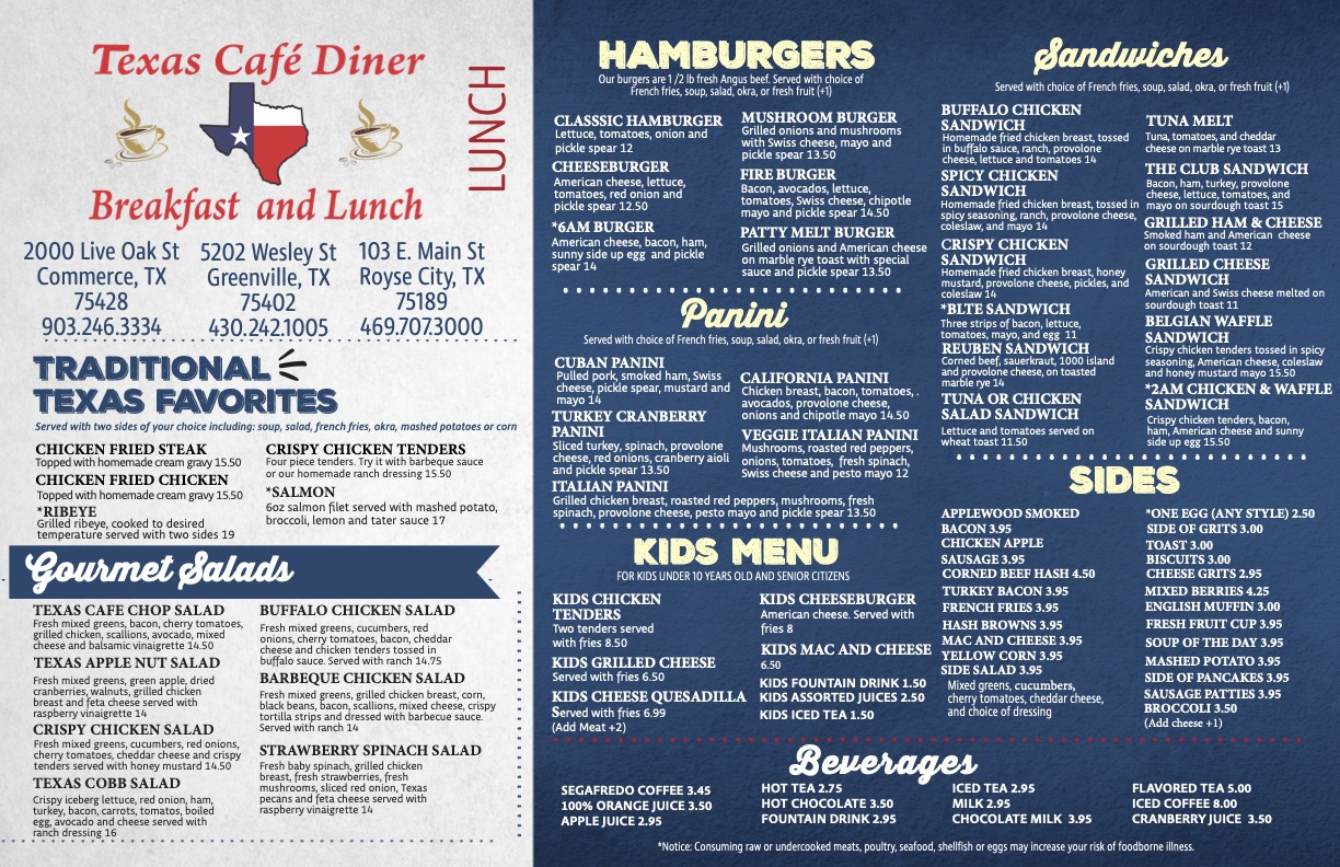 Texas Cafe Diner Lunch Menu